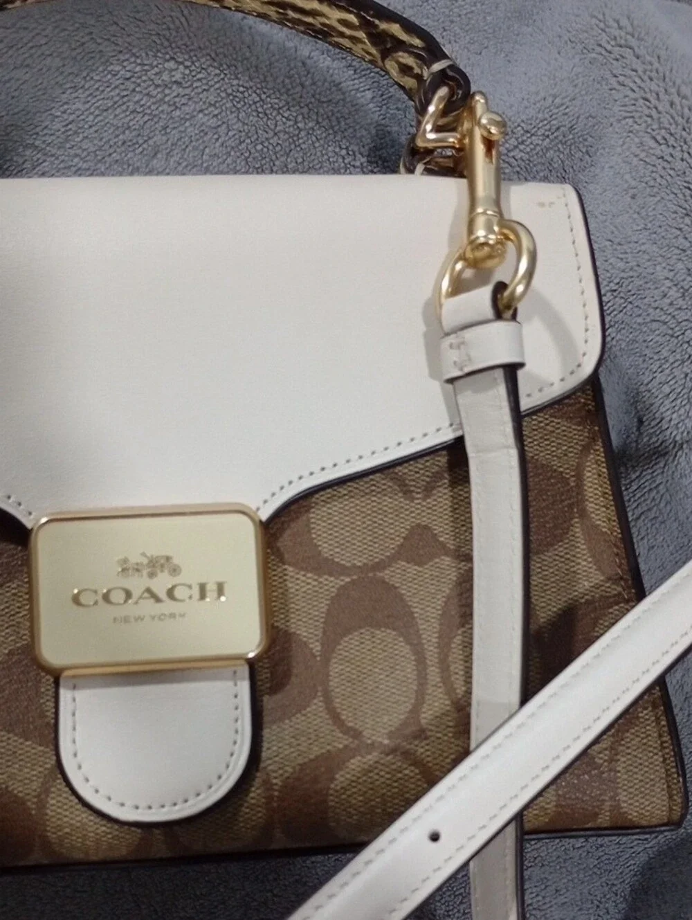 NWOT Coach Brown Pepper Signature Satchel with White Leather Trim